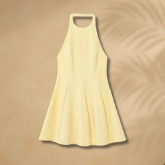 Gelbes A-Linien Minikleid für Damen – ärmelloses Sommerkleid mit hoher Halslinie, figurbetontem Oberteil und schwingendem Rock, ideal für sonnige Tage und besondere Anlässe.