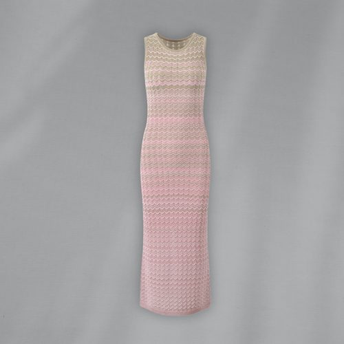 Ärmelloses Sommerkleid in Rosa-Beige mit wellenförmigem Muster – figurbetontes Midikleid aus gehäkeltem Stoff, ideal für elegante Sommerlooks.