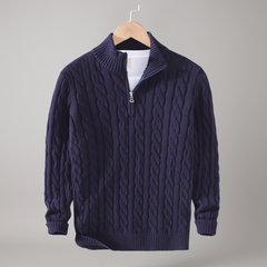 Navy Blauer Zopfmuster-Strickpullover für Herren – warmer Pullover mit halbem Reißverschluss und Stehkragen, klassischer Casual-Look für Herbst und Winter.