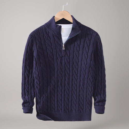 Navy Blauer Zopfmuster-Strickpullover für Herren – warmer Pullover mit halbem Reißverschluss und Stehkragen, klassischer Casual-Look für Herbst und Winter.