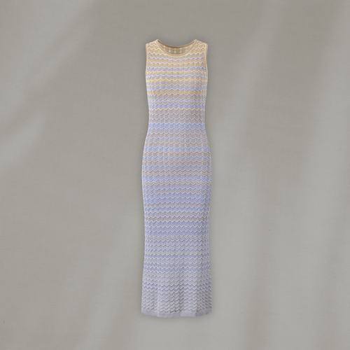 Ärmelloses Häkelkleid in Beige-Blau mit welligem Design – figurbetontes Midikleid für Damen, perfektes Outfit für Sommer, Urlaub oder Gartenparty.