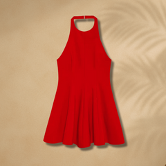 Rotes A-Linien Minikleid für Damen – ärmelloses Sommerkleid mit hoher Halslinie, figurbetontem Oberteil und schwingendem Rock, ideal für sonnige Tage und besondere Anlässe.