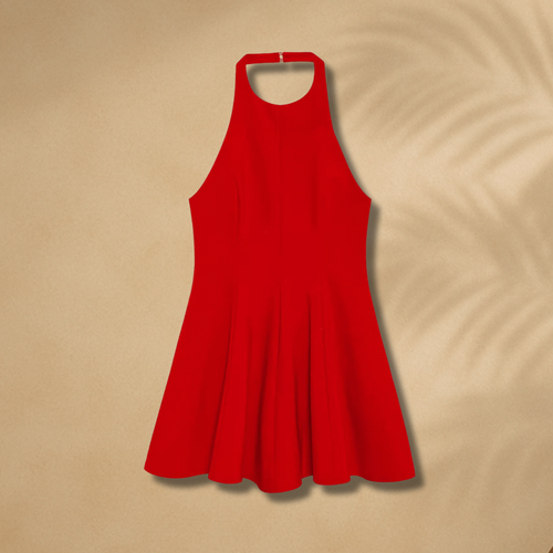 Rotes A-Linien Minikleid für Damen – ärmelloses Sommerkleid mit hoher Halslinie, figurbetontem Oberteil und schwingendem Rock, ideal für sonnige Tage und besondere Anlässe.