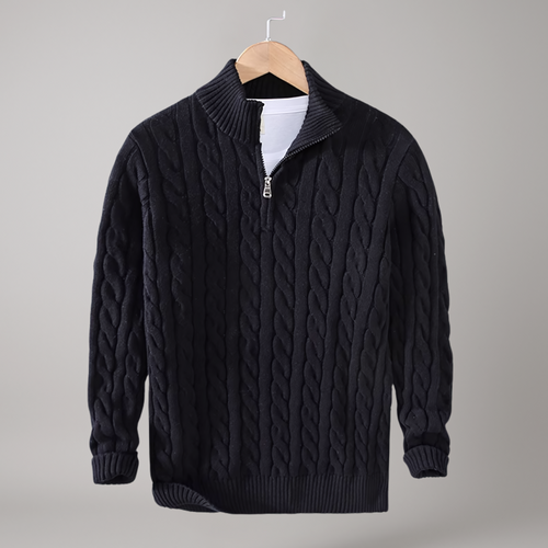 Schwarzer Zopfmuster-Strickpullover für Herren – warmer Pullover mit halbem Reißverschluss und Stehkragen, klassischer Casual-Look für Herbst und Winter.