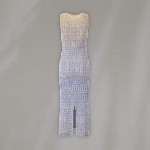 Ärmelloses Häkelkleid in Beige-Blau mit welligem Design – figurbetontes Midikleid für Damen, perfektes Outfit für Sommer, Urlaub oder Gartenparty.