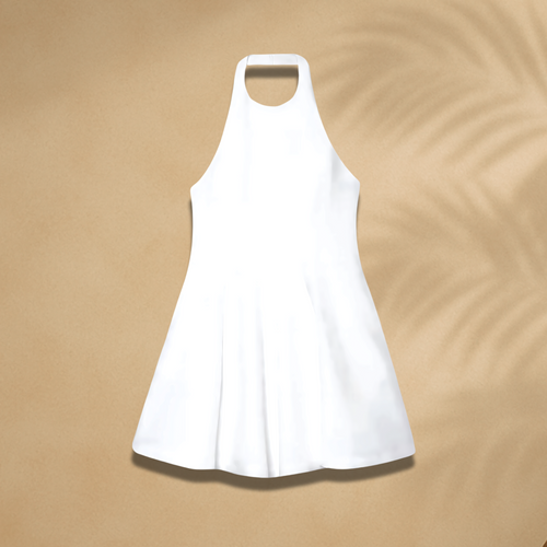 Weißes A-Linien Minikleid für Damen – ärmelloses Sommerkleid mit hoher Halslinie, figurbetontem Oberteil und schwingendem Rock, ideal für sonnige Tage und besondere Anlässe.