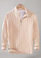 Beiger Zopfmuster-Strickpullover für Herren – warmer Pullover mit halbem Reißverschluss und Stehkragen, klassischer Casual-Look für Herbst und Winter.