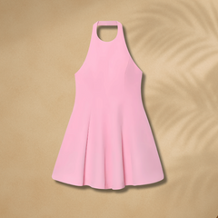 Rosa A-Linien Minikleid für Damen – ärmelloses Sommerkleid mit hoher Halslinie, figurbetontem Oberteil und schwingendem Rock, ideal für sonnige Tage und besondere Anlässe.