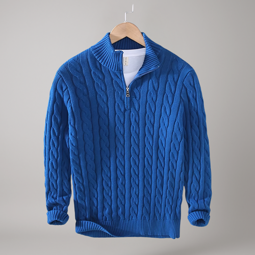 Blauer Zopfmuster-Strickpullover für Herren – warmer Pullover mit halbem Reißverschluss und Stehkragen, klassischer Casual-Look für Herbst und Winter.