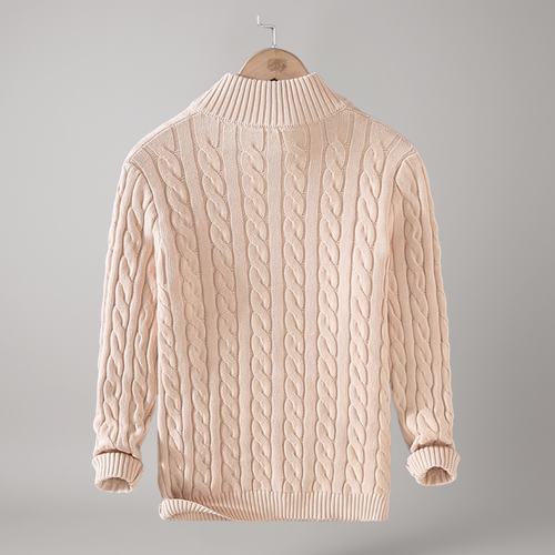Beiger Zopfmuster-Strickpullover für Herren – warmer Pullover mit halbem Reißverschluss und Stehkragen, klassischer Casual-Look für Herbst und Winter.