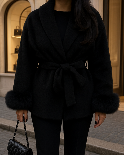 Elegante schwarze Damenjacke mit Bindegürtel und Kunstfell-Besatz an den Ärmeln, kombiniert mit schwarzer Hose und Designerhandtasche vor einer Luxus-Boutique in Mailand.