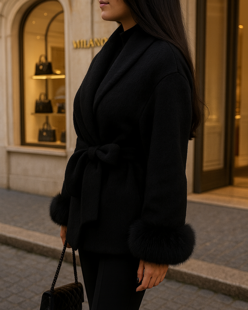 Elegante schwarze Damenjacke mit Bindegürtel und Kunstfell-Besatz an den Ärmeln, kombiniert mit schwarzer Hose und Designerhandtasche vor einer Luxus-Boutique in Mailand.