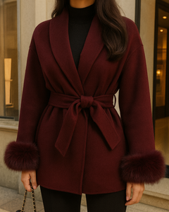 Frau trägt einen eleganten bordeauxfarbenen Wollmantel mit Bindegürtel und Fellmanschetten, kombiniert mit schwarzer Hose, vor einer modernen Boutique.