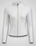Damen Gym Jacke in Weiß mit durchgehendem Reißverschluss, taillierter Passform und hohem Kragen – stylische und funktionale Sportbekleidung für Fitness und Freizeit.