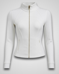 Damen Gym Jacke in Weiß mit durchgehendem Reißverschluss, taillierter Passform und hohem Kragen – stylische und funktionale Sportbekleidung für Fitness und Freizeit.