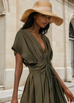 Elegantes Sommerkleid in Khaki-Grün für Damen – locker fallendes Kleid mit tiefem V-Ausschnitt, Taillenband und kurzen Ärmeln, ideal für City-Looks und Urlaubsoutfits.
