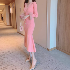 Knitted dress with faux fur sleeves