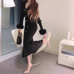 Knitted dress with faux fur sleeves