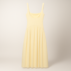 Leichtes gelbes Sommerkleid für Damen – ärmelloses Midikleid mit Plisseefalten, ideal für Alltag, Urlaub oder besondere Anlässe.